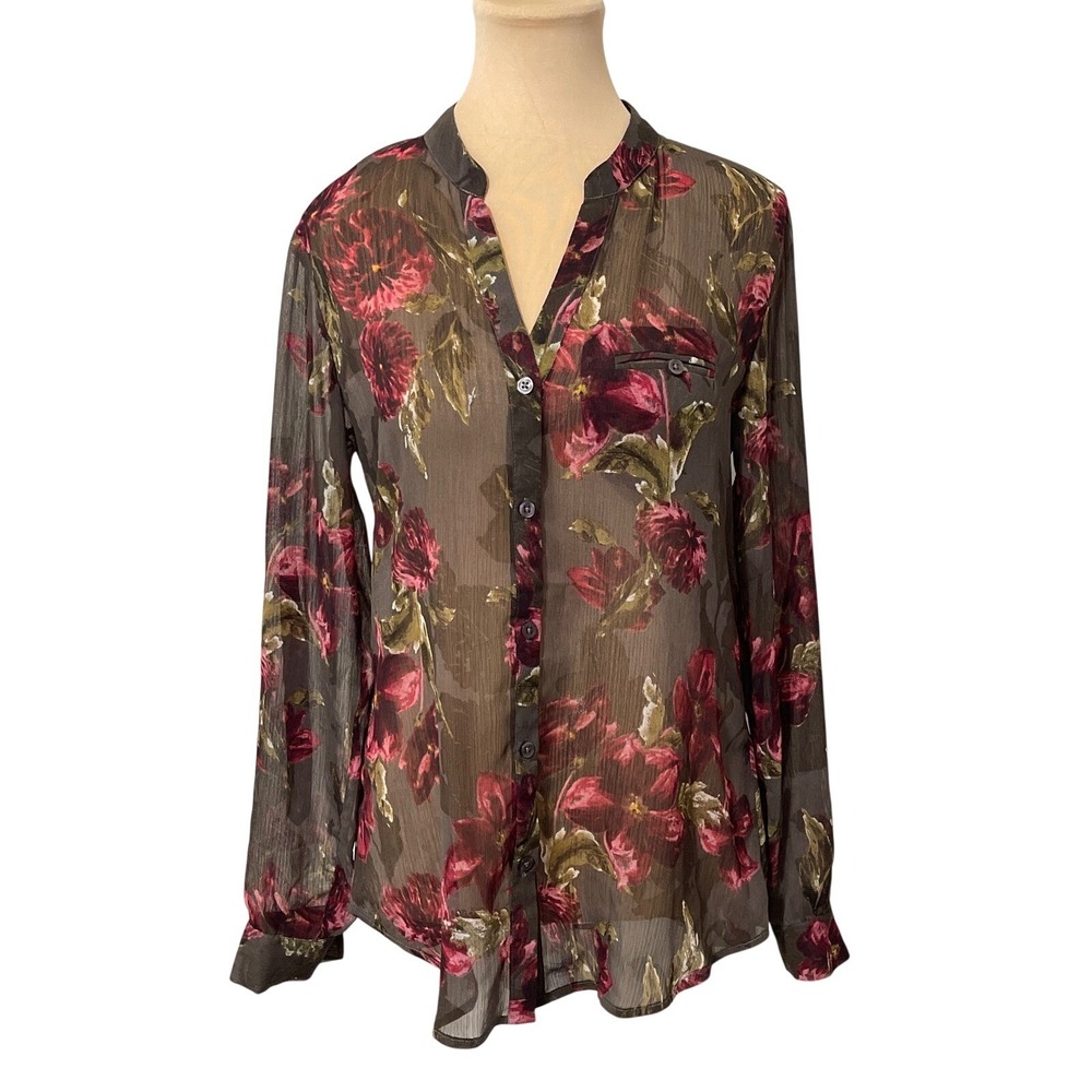 Kut From The Kloth Sheer Floral Casual Long Sleeve Button Up Shirt Boho Small